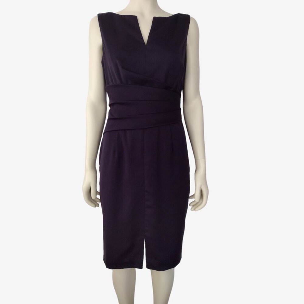 Anne Klein NY Purple Sleeveless Split Neck Pleated Waist Sheath Dress 8